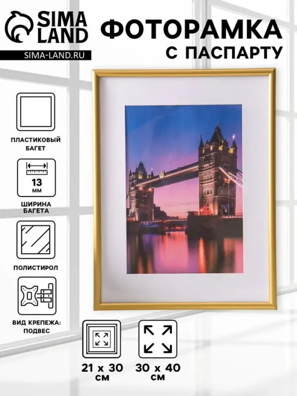 Фоторамка для фото 30&times;40 см, с паспарту 21&times;30 см, Vivo, золото