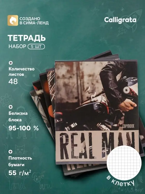 Комплект тетрадей из 5 штук, 48 листов в клетку Calligrata &laquo;Real Man&raquo;, обложка мелованный картон, блок офсет