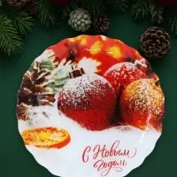 Блюдо сервировочное новогоднее &laquo;Ёлочные украшения&raquo;, d=25 см, с бортиком, стекло, красное, белое