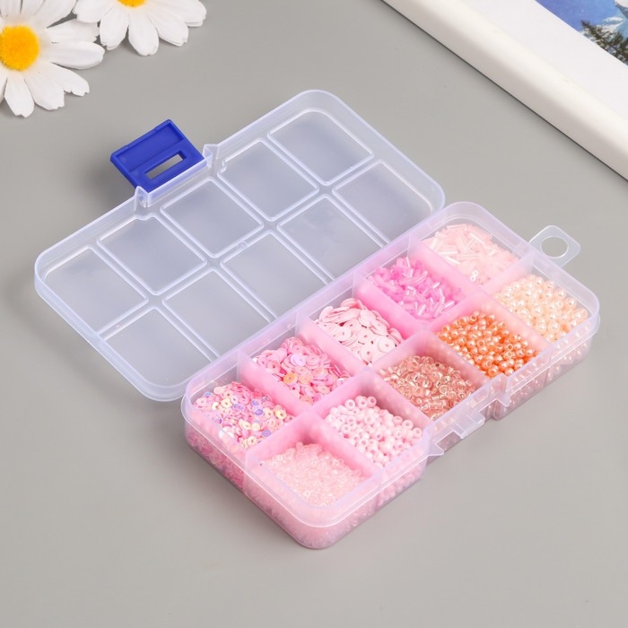 Бисер стекло 8/0, 12/0 в шкатулке  Бисер стекло 8/0, 12/0 в шкатулке "Розовый" бусины, стеклярус и пайетки 13х6,5х2,3 см