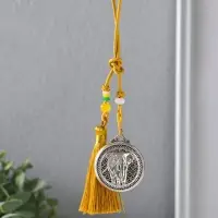 Подвеска металл, текстиль &laquo;Слон в круге, с кисточкой&raquo;, золотистый с серебром, 1.5&times;5.2&times;14 см