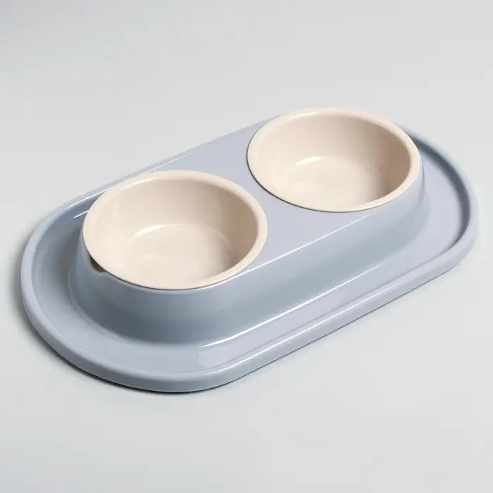 Миска двойная для животных &laquo;Мур-мяу&raquo;, 300 мл, на подставке, пластик, серая
