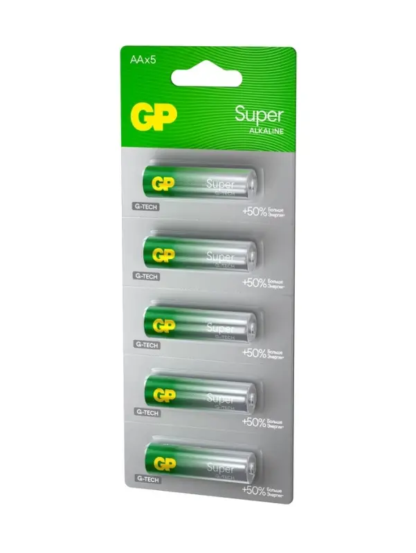 Батарейка алкалиновая GP Super, AA, LR6-5BL, 1.5 В, технология G-Tech, блистер, 5 шт.