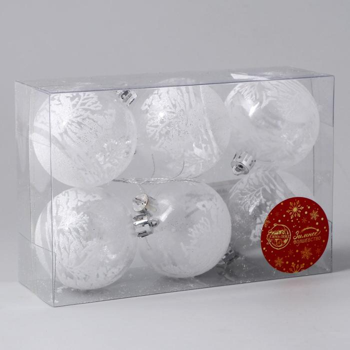 Набор шаров пластик d-6 см, 6 шт Набор шаров пластик d-6 см, 6 шт "Изморозь" зимний лес, белый