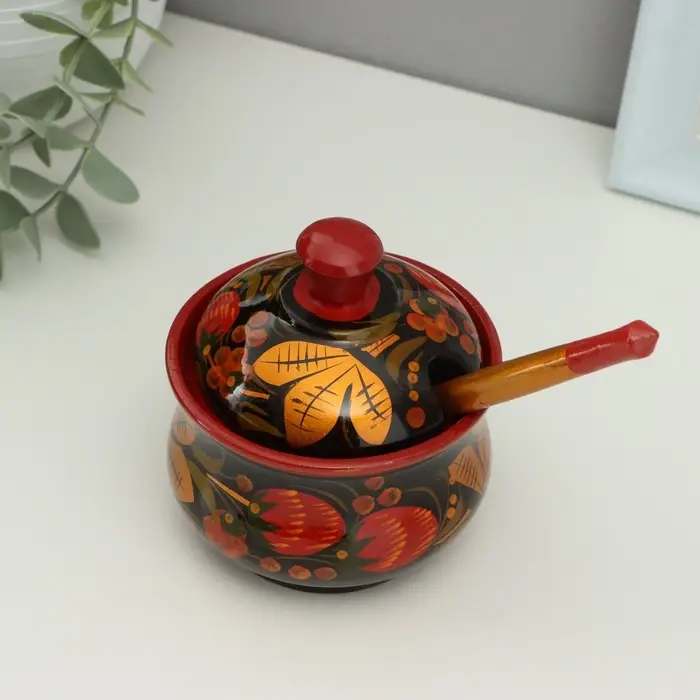 Сахарница дерево хохлома &laquo;Красота&raquo; с ложкой, 10&times;9 см