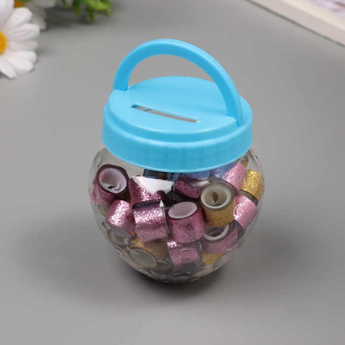 Клейкая лента пластик в банке  Клейкая лента пластик в банке "Шайн. Золото и розовый" н-р 40 шт 1,2 см, дл.0,9 м 7х7х9 см