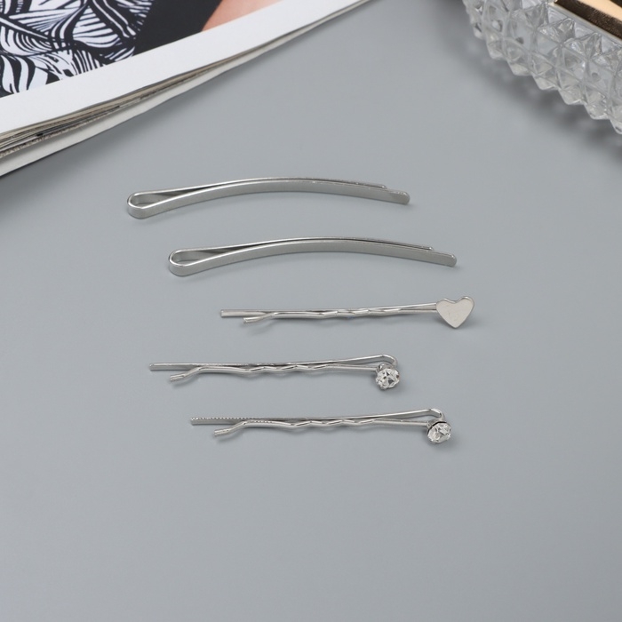 Невидимка для волос  Невидимка для волос "Тириль" (набор 5 шт) сердце, 5 и 6 см, серебро