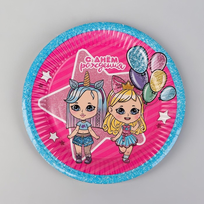 Набор бумажной посуды одноразовый Подружки&raquo;, 6 тарелок, 6 стаканов, 6 колпаков, 1 гирлянда