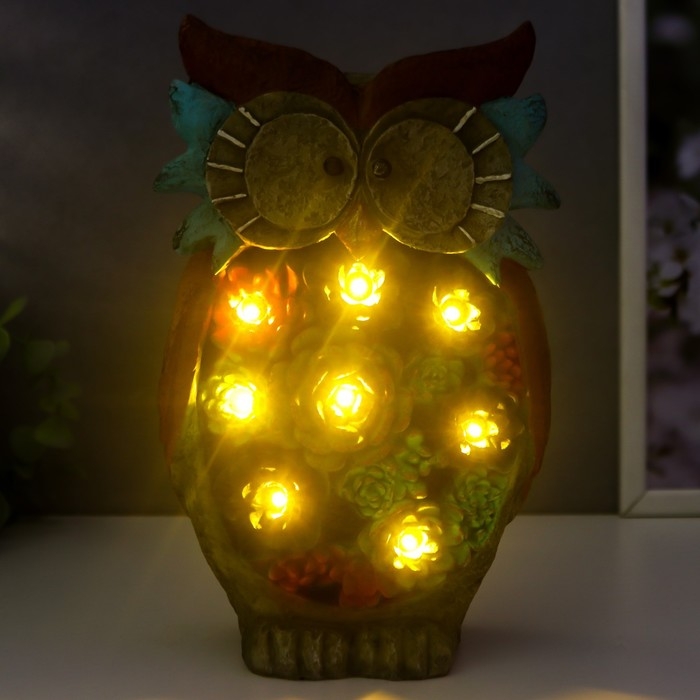 Сувенир полистоун свет Сувенир полистоун свет "Филин с суккулентами" от солнечной батареи 26,5х15,5 см