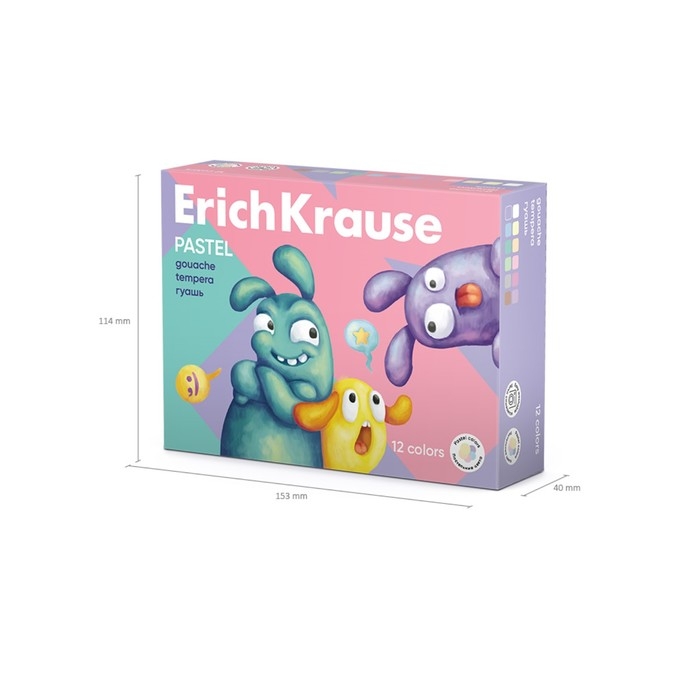 Гуашь 12 цветов х 20 мл, ErichKrause  Гуашь 12 цветов х 20 мл, ErichKrause "Jolly Friends Pastel", пастельная гамма, в коробке