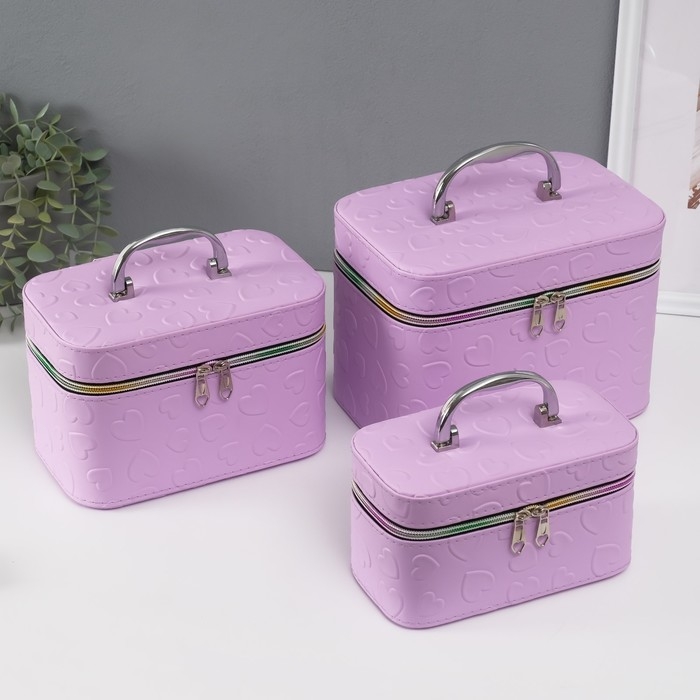 Шкатулка кожзам с зеркалом Шкатулка кожзам с зеркалом "Сердца" св-сирень набор 3 шт 19х10,5х10,5 21х13х14 15х23х17 см