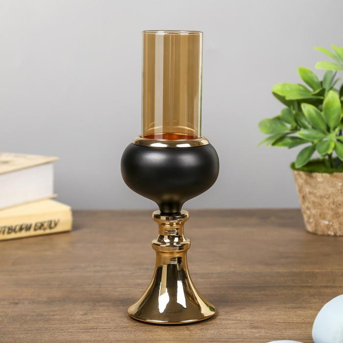 Подсвечник металл, стекло на 1 свечу "Тёмный рыцарь" чёрный матовый с золотом 21х7,5х7,5 см