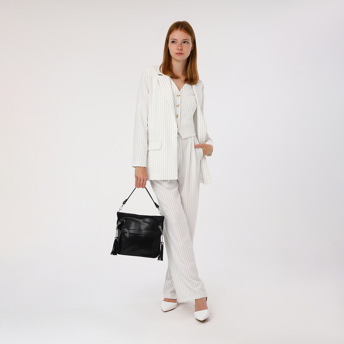 Сумка-тоут на молнии, 2 наружных кармана, длинный ремень, цвет чёрный