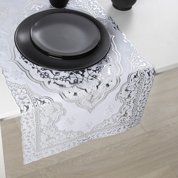 Салфетка сервировочная на стол «Восток», ажурная, 84×40 см, ПВХ, цвет серебряный Салфетка сервировочная на стол «Восток», ажурная, 84×40 см, ПВХ, цвет серебряный