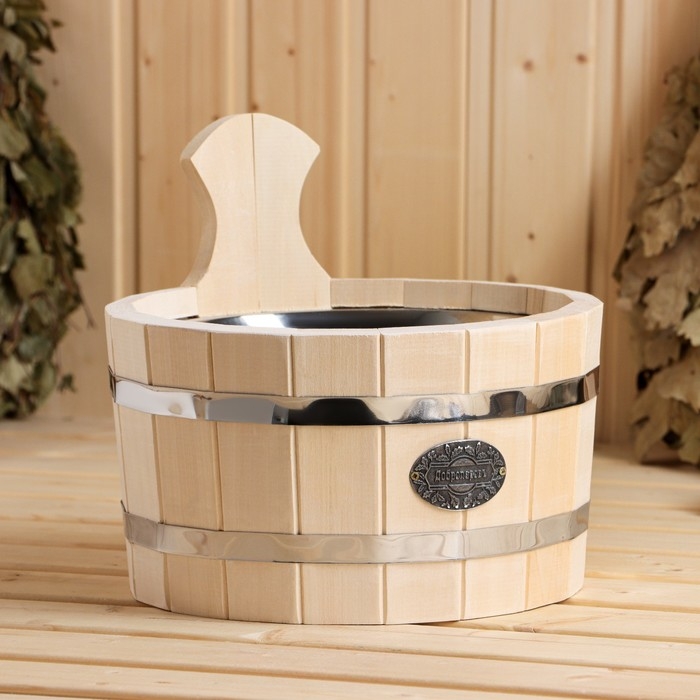 Шайка из липы, 3 л, круглая, нержавеющая вставка, Шайка из липы, 3 л, круглая, нержавеющая вставка, "Добропаровъ"