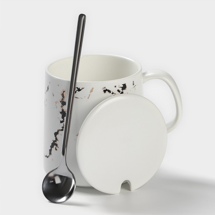 Кружка керамическая с ложкой «Белый мрамор», 350 мл, цвет белый Кружка керамическая с ложкой «Белый мрамор», 350 мл, цвет белый
