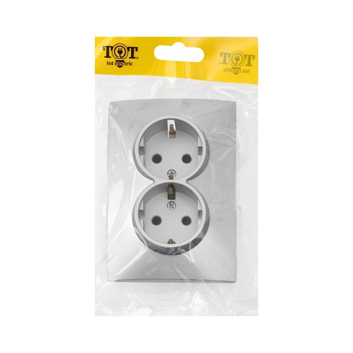Розетка двухместная TOT Elegant, 16 А, скрытая, с з/к, серебристая Розетка двухместная TOT Elegant, 16 А, скрытая, с з/к, серебристая