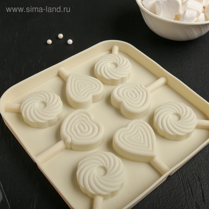 Форма для леденцов Доляна «Свидание», силикон, 14,5×14,5×1,5 см, 8 ячеек (3,5×3,5 см), с палочками, цвет МИКС Форма для леденцов Доляна «Свидание», силикон, 14,5×14,5×1,5 см, 8 ячеек (3,5×3,5 см), с палочками, цвет МИКС