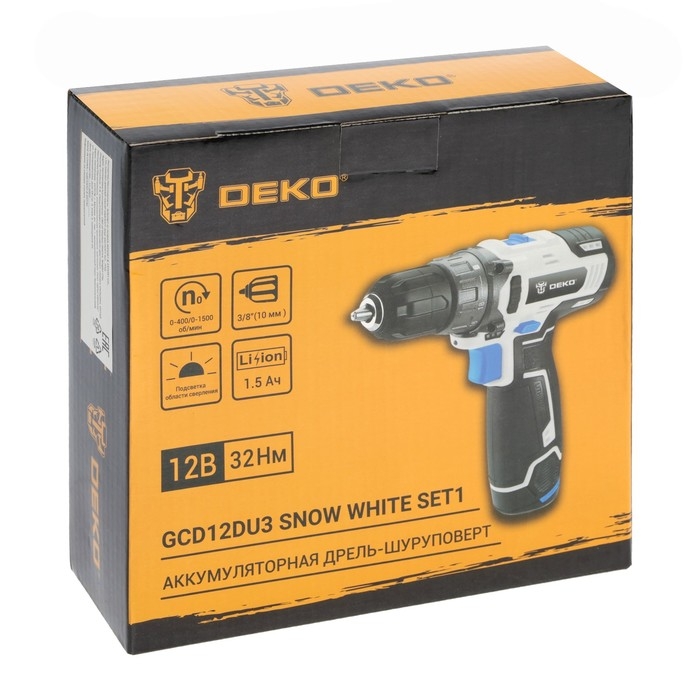 Дрель-шуруповерт DEKO GCD12DU3 SNOW WHITE SET1, 12 В, Li-Ion, 32 Нм, 1.5 Ач, 400/1500 об/мин