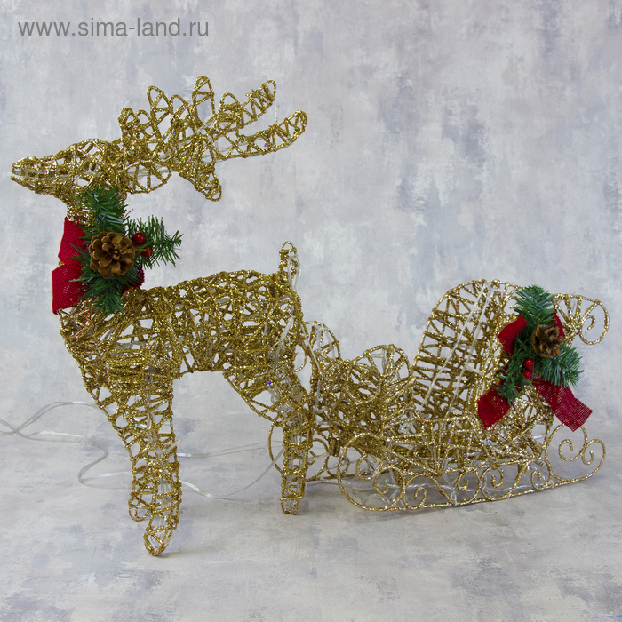 Светодиодная фигура «Олень с санями золотистый», олень: 40 × 50 × 16 см, сани: 40 × 25 × 10 см, металл, 220 В, свечение тёплое белое Светодиодная фигура «Олень с санями золотистый», олень: 40 × 50 × 16 см, сани: 40 × 25 × 10 см, металл, 220 В, свечение тёплое белое