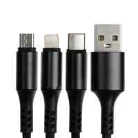 Кабель брелок 3 в 1, MicroUSB/Type-C/Lightning - USB, 2.4 А, чёрный