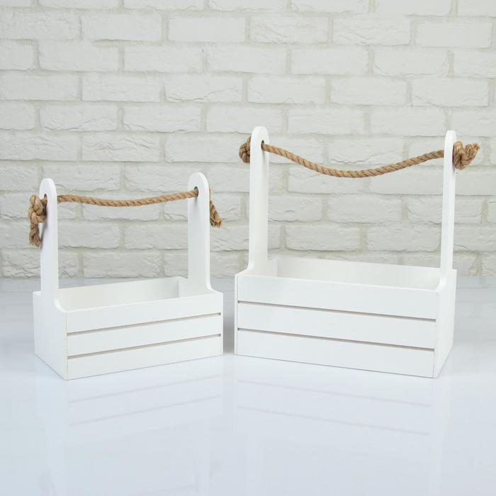 Набор кашпо деревянных 2 в 1 (25×15×30; 21×12×23 см) "Dear", ручка канат, белый