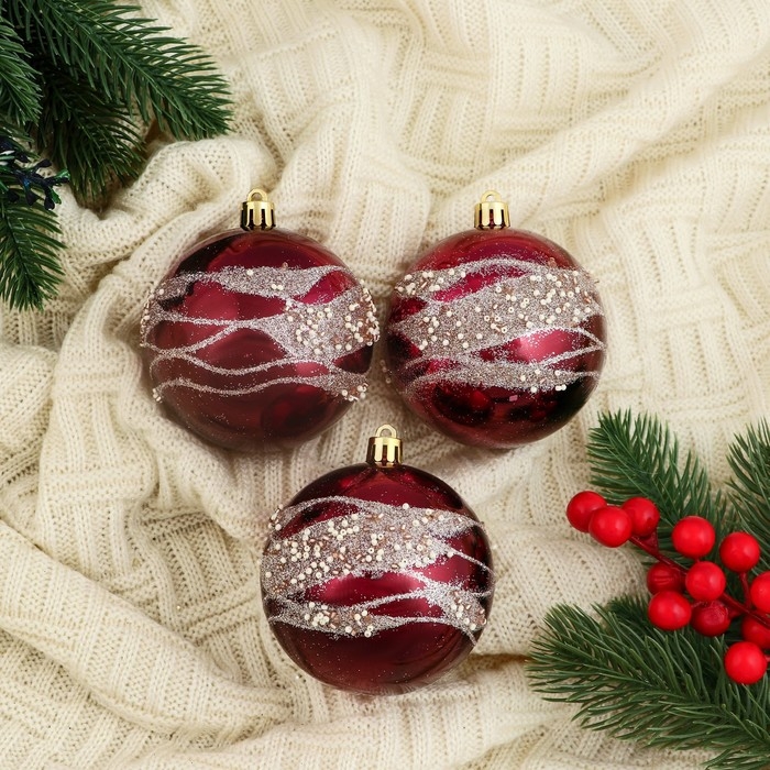 Набор шаров пластик d-8 см, 3 шт Набор шаров пластик d-8 см, 3 шт "Сказочные узоры" волны, бордовый