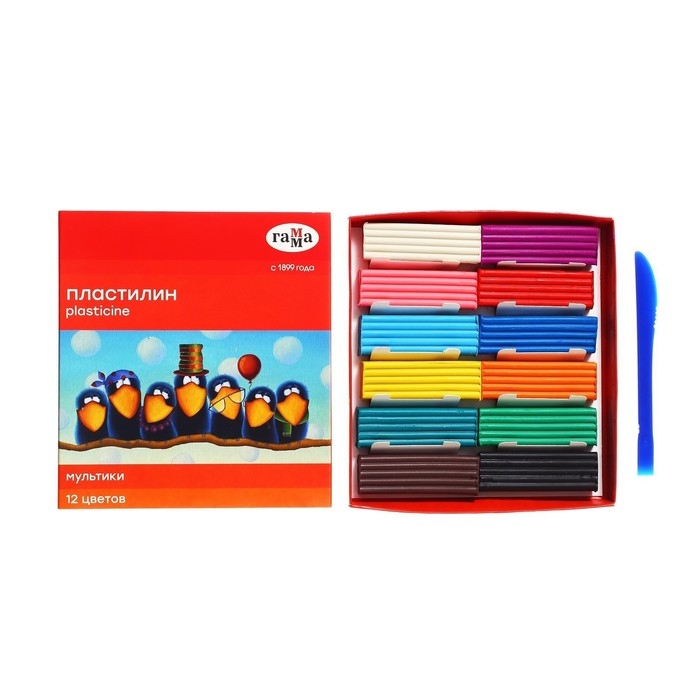 Пластилин 12 цветов 240 г, Гамма Пластилин 12 цветов 240 г, Гамма "Мультики", со стеком, картонная упаковка 280018