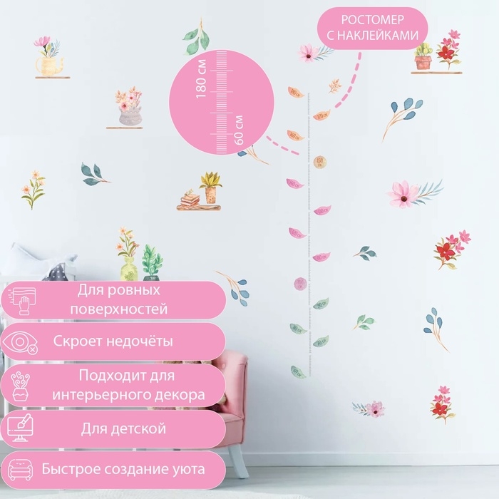 Наклейка интерьерная цветная ростомер  Наклейка интерьерная цветная ростомер "Цветы в горшочках" 50х70 см