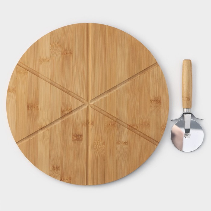 Доска для подачи пиццы Доляна, d=32 см, в комплекте с ножом, бамбук, нержавеющая сталь Доска для подачи пиццы Доляна, d=32 см, в комплекте с ножом, бамбук, нержавеющая сталь