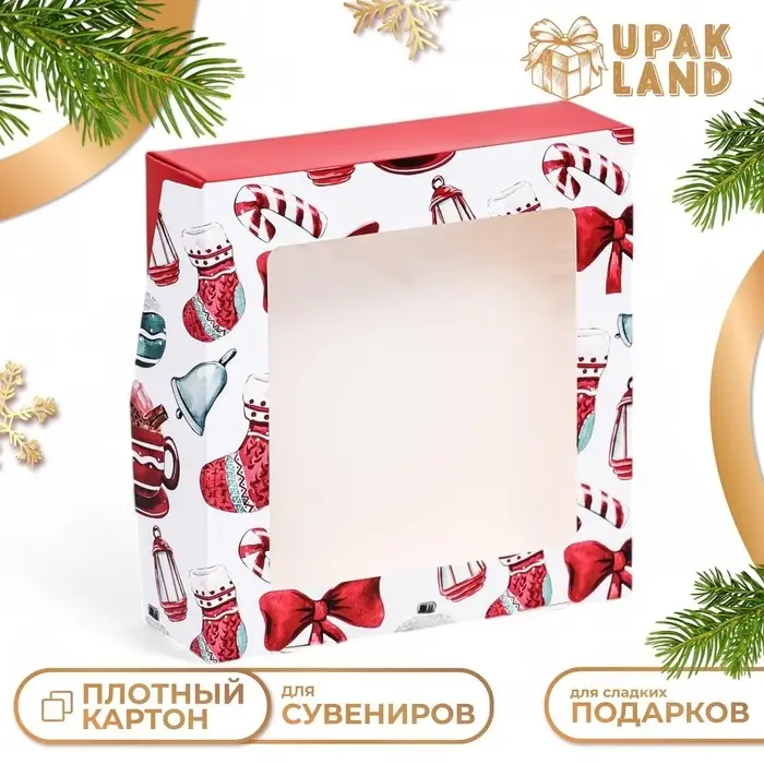 Коробка подарочная новогодняя складная с окном Коробка подарочная новогодняя складная с окном "Подарок", 15 х 15 х 4 см.