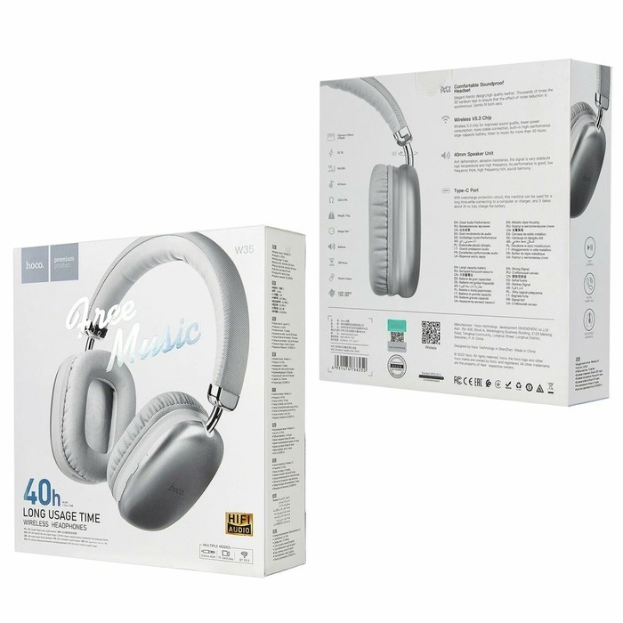 Наушники Hoco W35, беспроводные, полноразмерные, Bluetooth 5.0, 400 мАч, серебристый