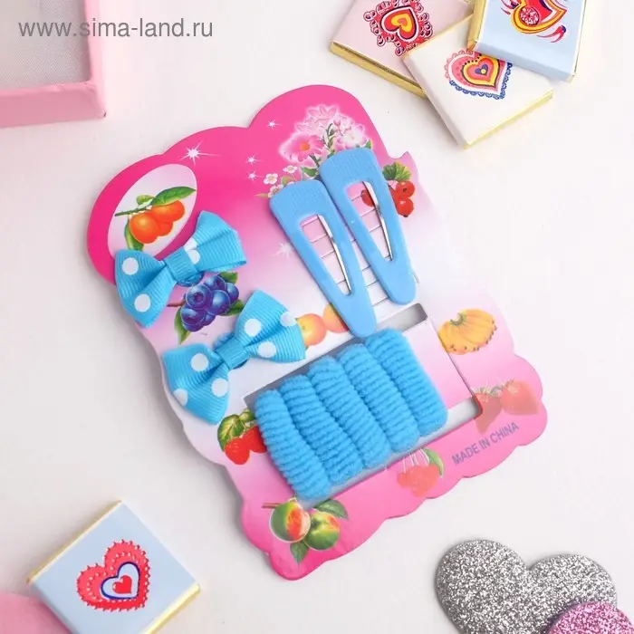 Набор для волос "Софи" (7 резинок, 2 невидимки) бантики в горошек, голубой