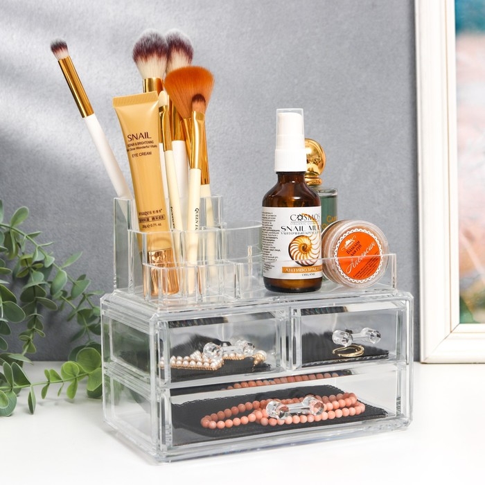 Шкатулка-органайзер пластик 3 ящика прозрачная 16х19х12 см Шкатулка-органайзер пластик 3 ящика прозрачная 16х19х12 см