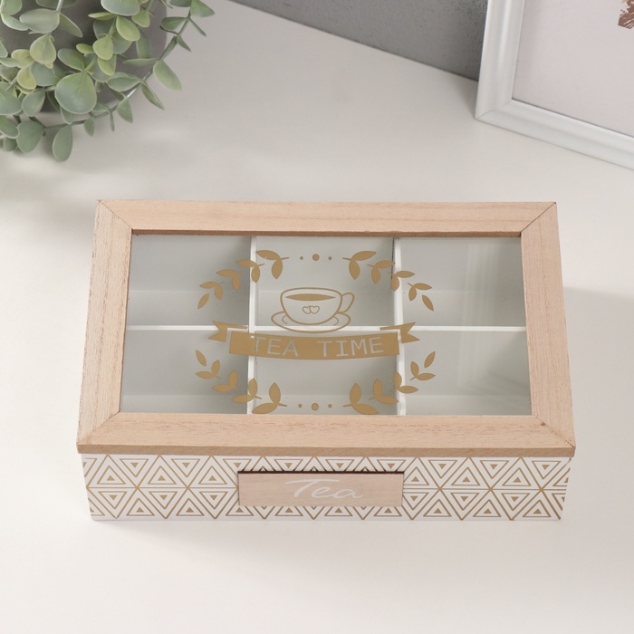 Шкатулка дерево с делениями "Треугольники орнамент" белая с золотом 23х15х7 см