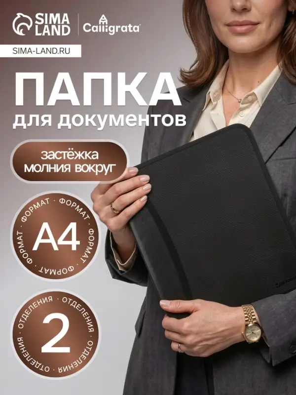 Папка на молнии А4, 2 отделения, Calligrata, 350&times;282&times;33 мм, пластик, 4 кармана, бизнес-класс, черная