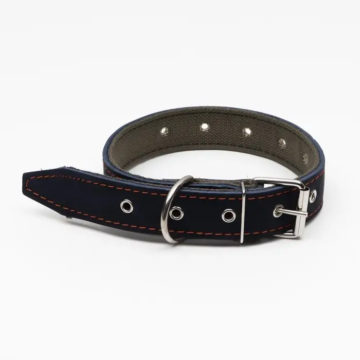 Ошейник комбинированный, безразмерный, 70&times;3.5 см, ОШ 25-60 см, кожа, брезент, синий