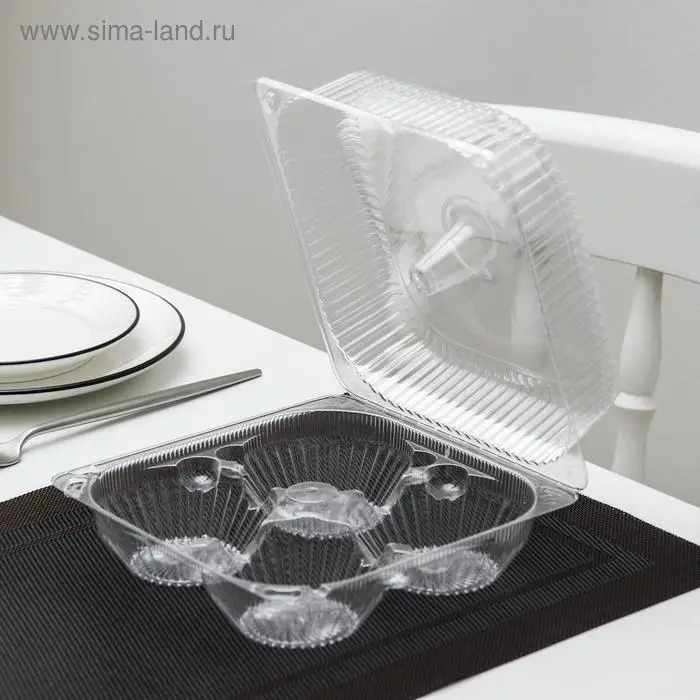 Контейнер одноразовый с неразъёмной крышкой ИП-2, для кондитерских изделий, пластик, 4 секции, 18.6×8.1 см, прозрачный