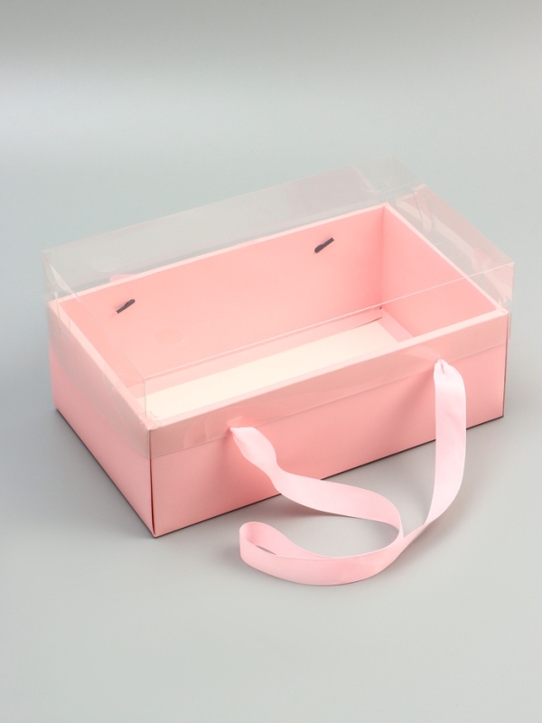 Коробка подарочная с бантом, ручками и прозрачной крышкой 35 х 21 х 15 см Розовая