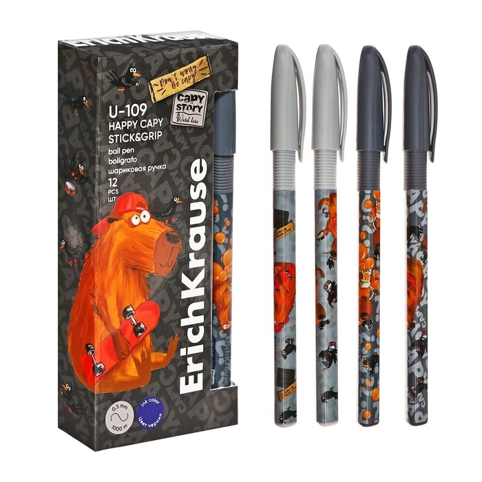 Ручка шариковая ErichKrause U-109 Stick&Grip Happy Capy узел 1.0мм, цвет синяя Ручка шариковая ErichKrause U-109 Stick&Grip Happy Capy узел 1.0мм, цвет синяя