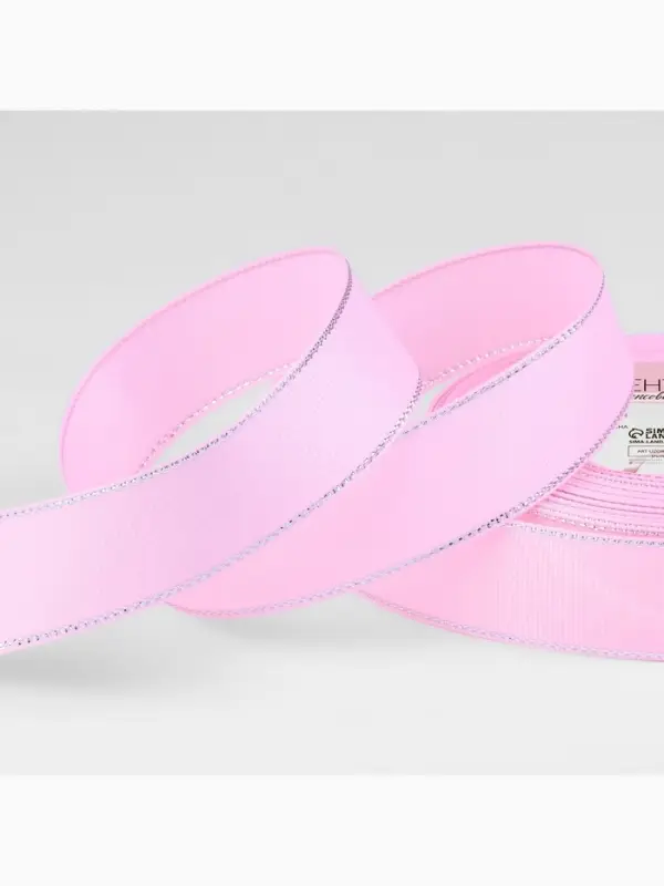 Лента репсовая, с серебряным люрексом, 25 мм, 23&plusmn;1 м, светло-розовая №004