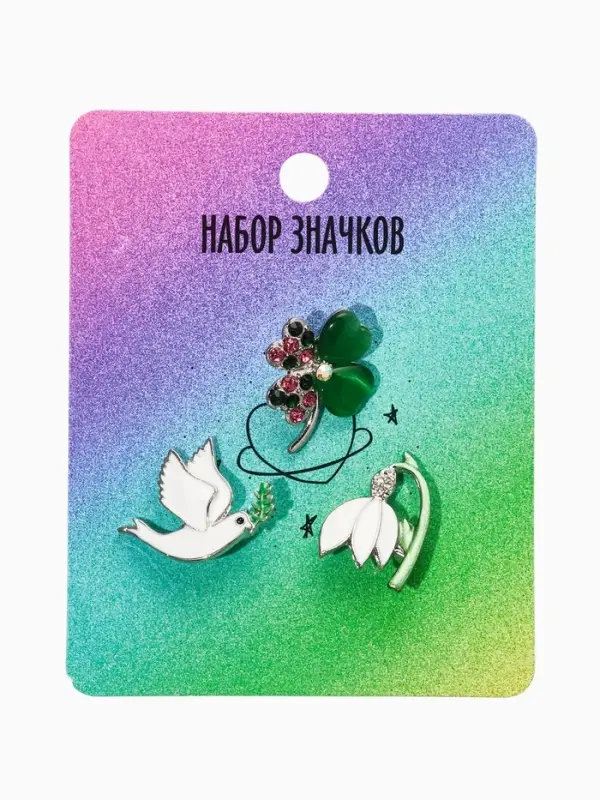 Броши &laquo;Голубь, клевер, подснежник&raquo;, набор 3 шт. разноцветный в серебре