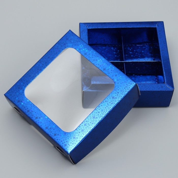 Коробка для конфет, кондитерская упаковка, 4 ячейки, «Синие звёздочки», 10.5 х 10.5 х 3.5 см Коробка для конфет, кондитерская упаковка, 4 ячейки, «Синие звёздочки», 10.5 х 10.5 х 3.5 см