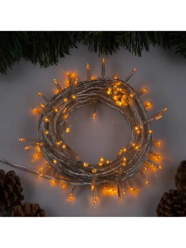 Гирлянда &laquo;Нить&raquo; 10 м, IP20, прозрачная нить, 100 LED, 8 режимов, 220 В, свечение жёлтое