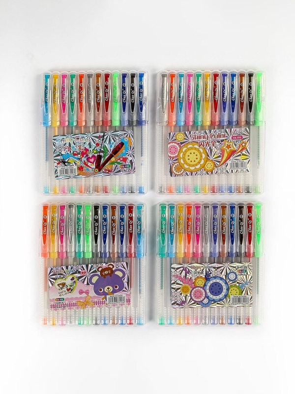 Набор гелевых ручек, 12 цветов, с блестками, с резиновым держателем, в пластиковой коробке