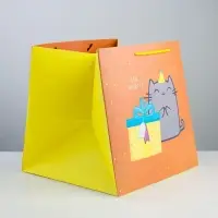Пакет подарочный квадратный, упаковка, &laquo;Котик и тортик&raquo;, 30&times;30&times;30 см