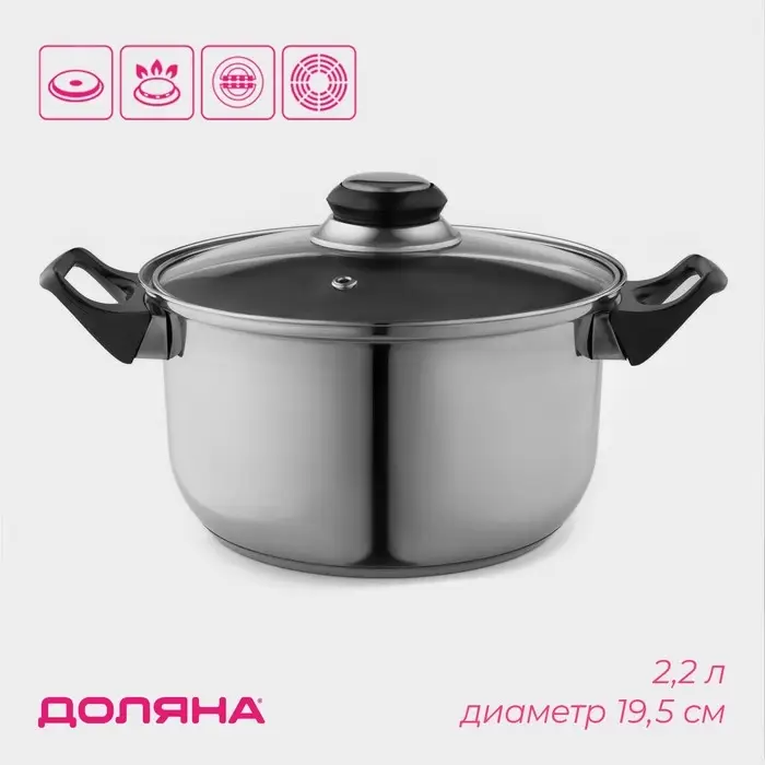 Кастрюля Доляна &laquo;Чёрная ночь&raquo;, 2.2 л, d=18 см, с крышкой, капсульное дно, нержавеющая сталь, хромированная