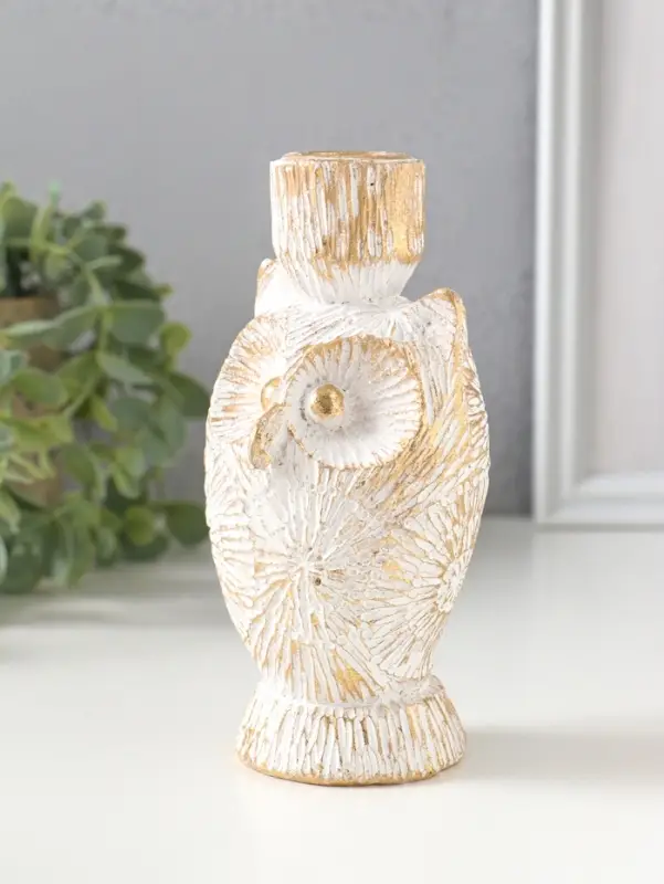 Подсвечник полистоун на 1 свечу "Филин. Золотые круги" d=2,2 см 7х6,5х14 см