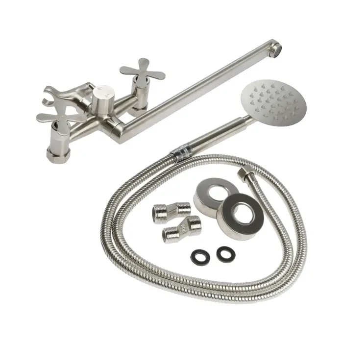 Смеситель для ванны ZEIN Z3731, двухвентильный, излив 33 см, лейка, шланг, сатин Смеситель для ванны ZEIN Z3731, двухвентильный, излив 33 см, лейка, шланг, сатин