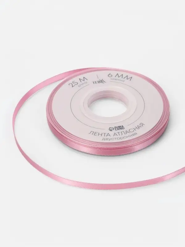 Лента атласная TEIRA, двухсторонняя, 6 мм, 25&plusmn;1 м, розовая №158